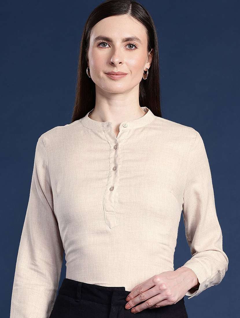 women solid mandarin neck long sleeve top