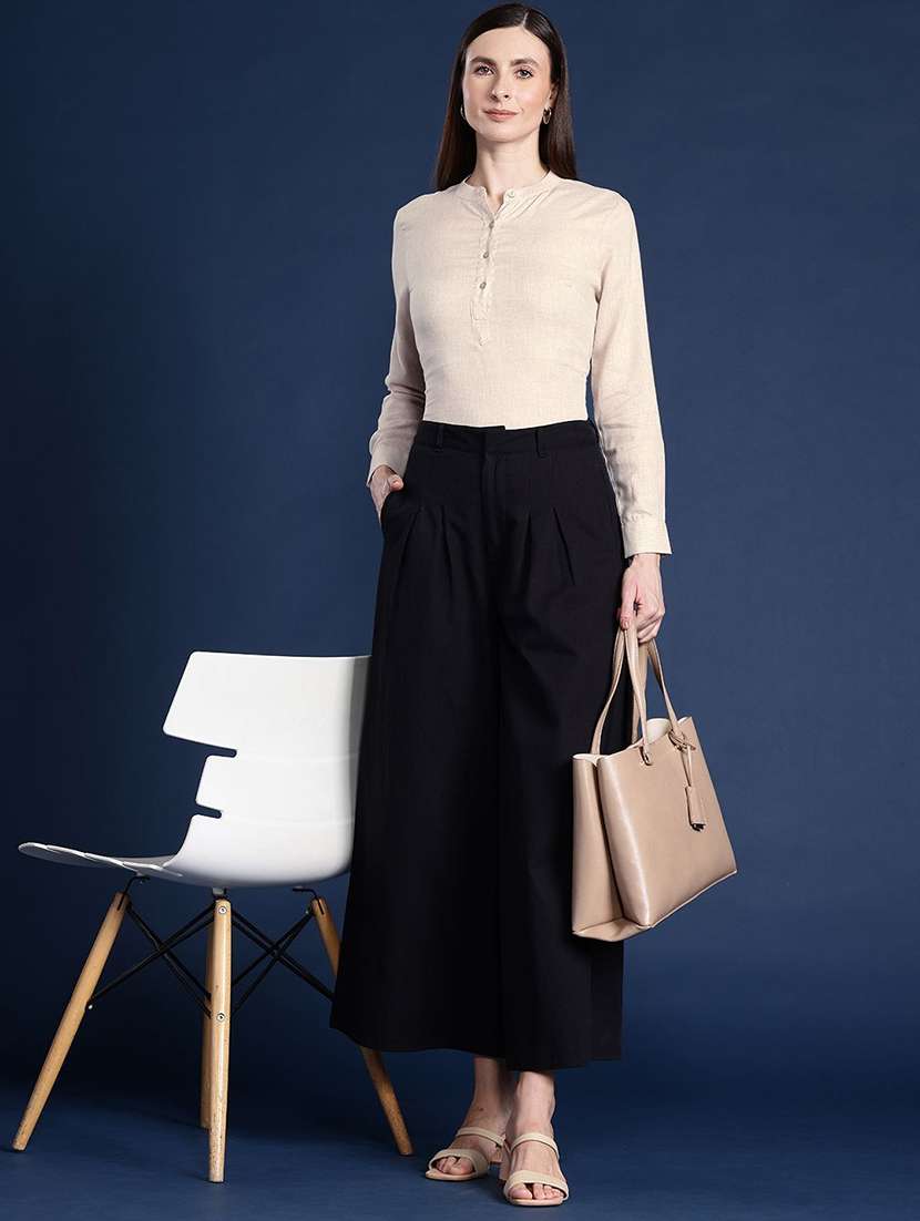 women solid mandarin neck long sleeve top - 22069605 -  Standard Image - 3