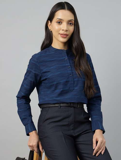 women melange print mandarin neck long sleeve top - 22069607 -  Standard Image - 0