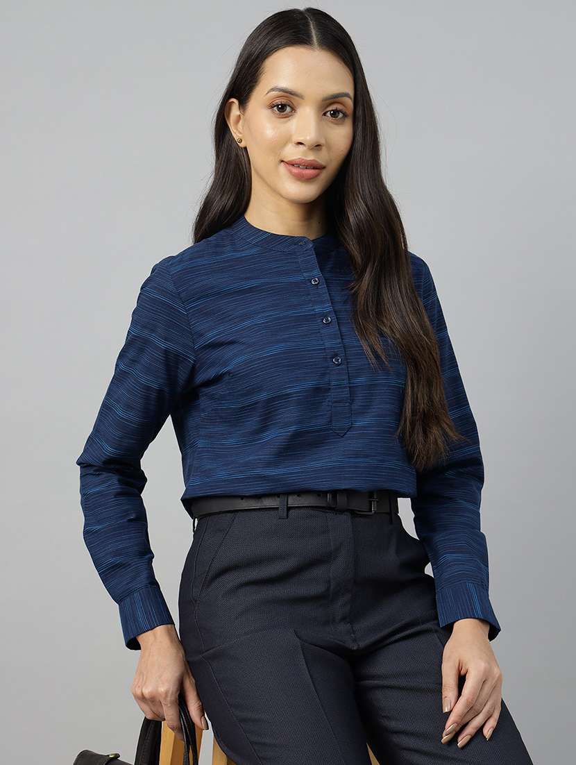 women melange print mandarin neck long sleeve top - 22069607 -  Zoom Image - 0