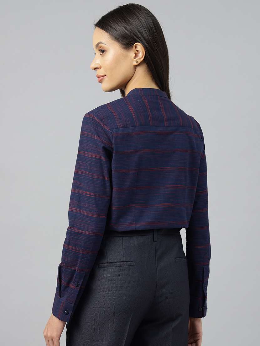 women striped mandarin neck long sleeve top - 22069608 - Standard Image - 3