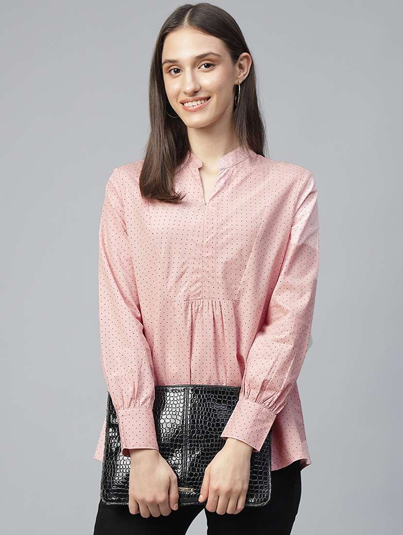 women polka doted mandarin neck long sleeve top - 22069609 - Zoom Image - 0