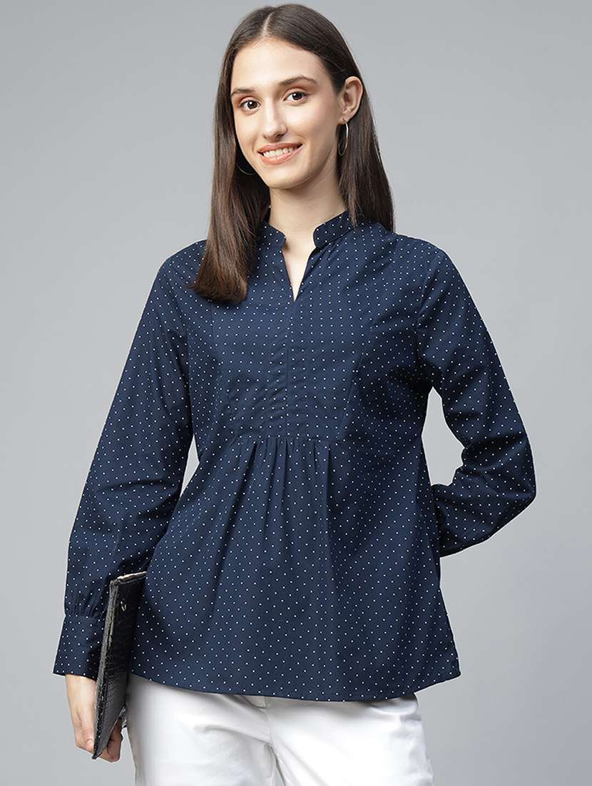 women polka doted mandarin neck long sleeve top - 22069610 - Zoom Image - 0
