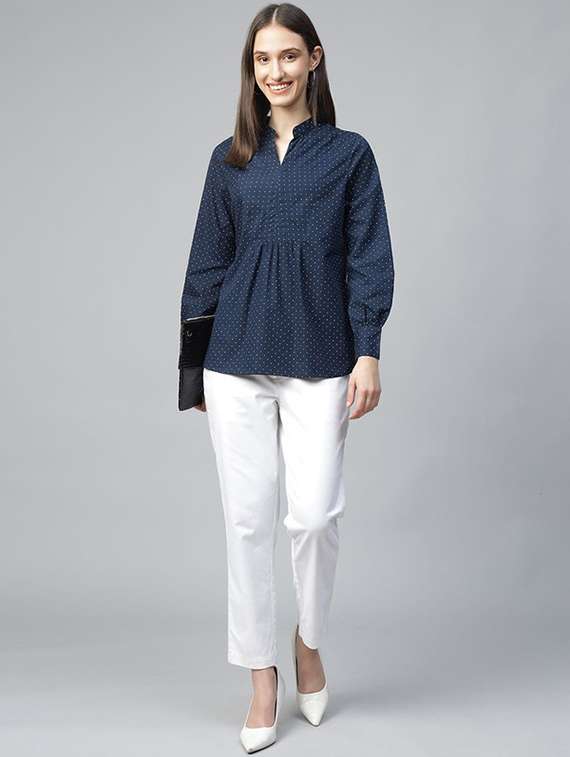 women polka doted mandarin neck long sleeve top - 22069610 - Standard Image - 3