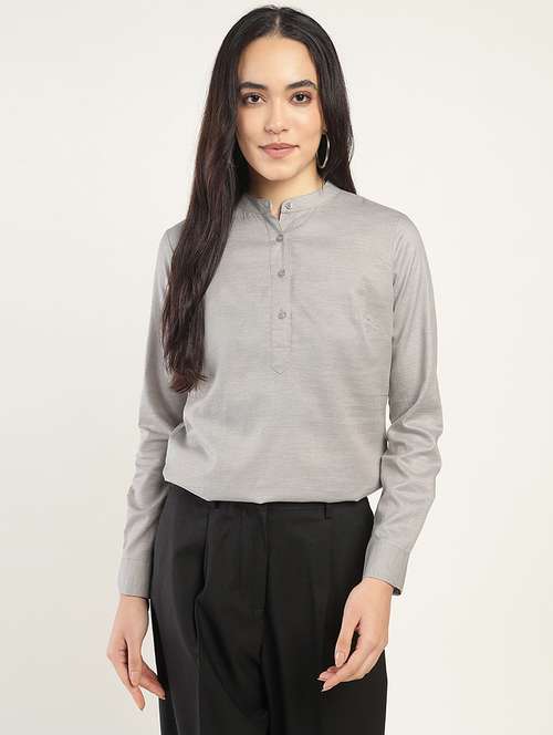 women solid mandarin neck long sleeve top - 22069612 -  Standard Image - 0