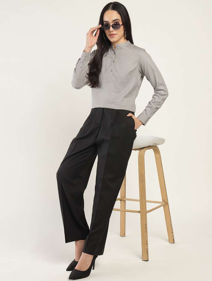 women solid mandarin neck long sleeve top - 22069612 - Standard Image - 3