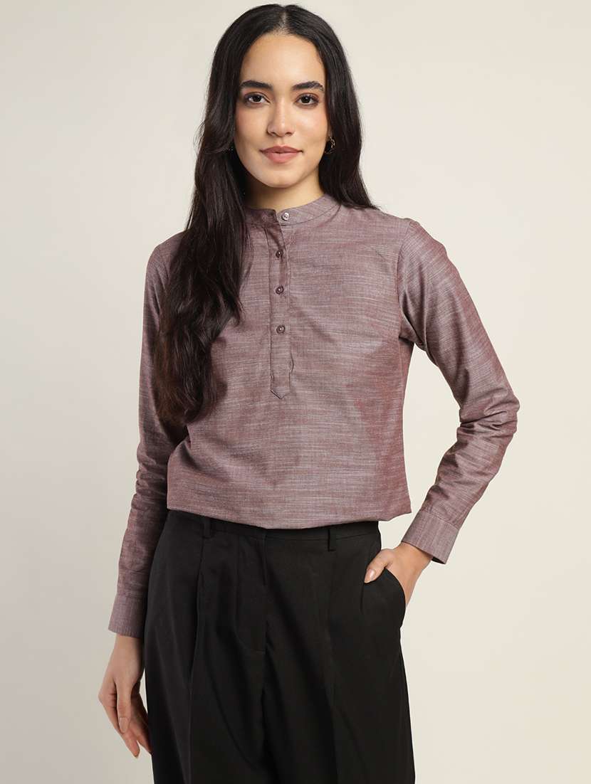 women solid mandarin collared long sleeve top
