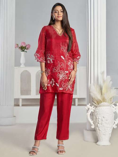 women embroidered three quarter sleeve ethnic co-ord set - 22069619 - Standard Image - 0