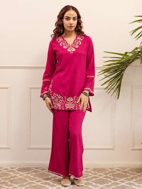 women embroidered long sleeve ethnic co-ord set - 22069623 - Standard Image - 0