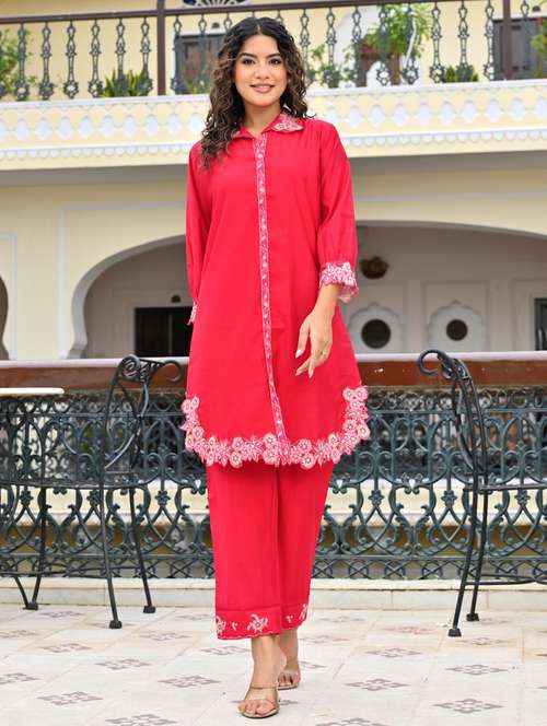 women embroidered three quarter sleeve ethnic co-ord set - 22069631 - Standard Image - 0