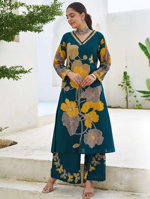women floral printed long sleeve kurta palazzo set - 22069648 - Standard Image - 0