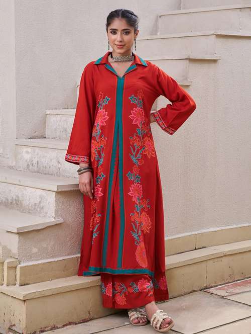 women floral printed long sleeve kurta palazzo set - 22069650 -  Standard Image - 0
