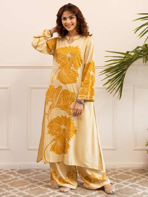 women floral printed long sleeve kurta palazzo set - 22069651 -  Standard Image - 0