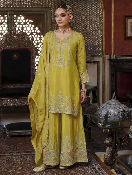 women embroidered long sleeve kurta sharara with dupatta set - 22069658 -  Standard Image - 0
