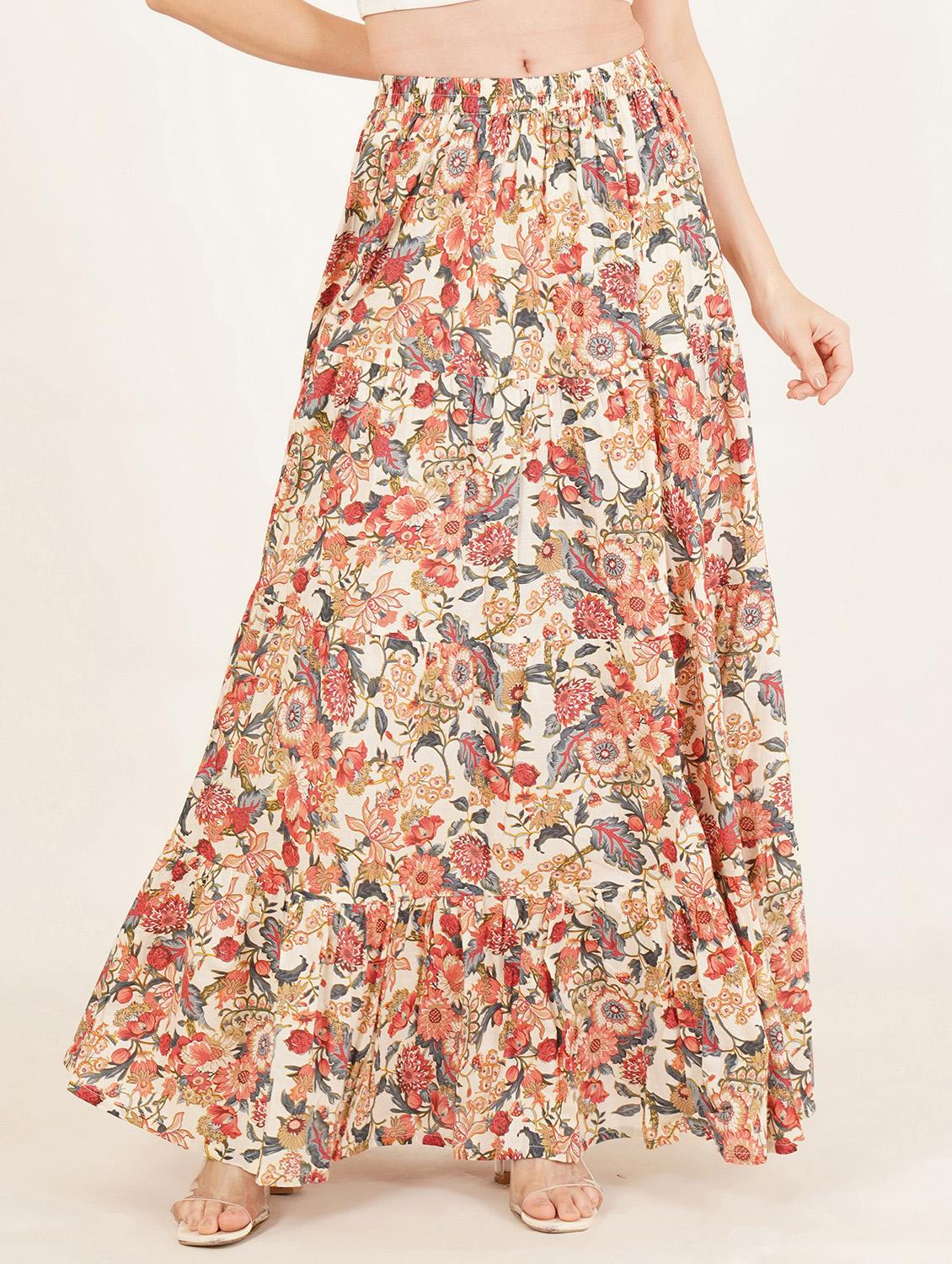 women floral print high rise tiered skirt