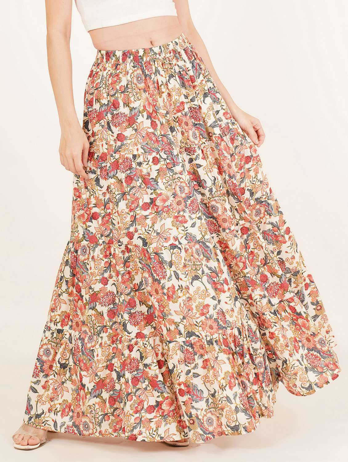 Women Floral Print High Rise Tiered Skirt