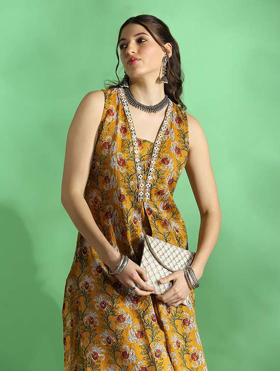 globus women mustard all over floral print v-neck embroidered woven design pleated straight kurta - 22069701 -  Standard Image - 3