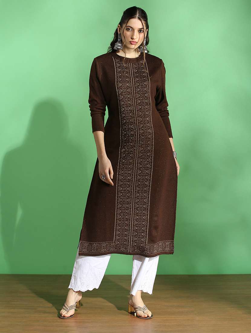 globus women brown round neck full sleeves placement weave knitted acrylic loose fit winter wear kurta