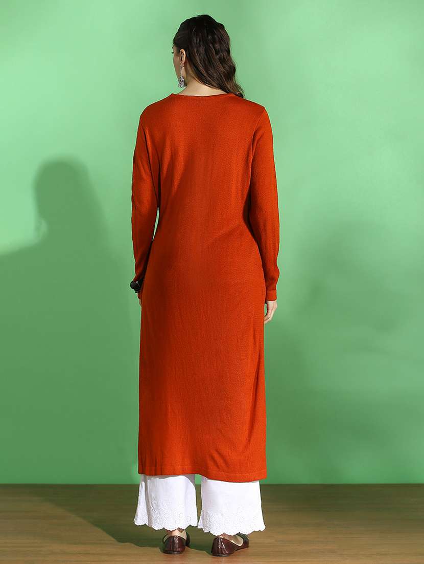 globus women rust round neck full sleeves geometric print placement weave knitted acrylic loose fit winter wear kurta - 22069706 -  Standard Image - 3