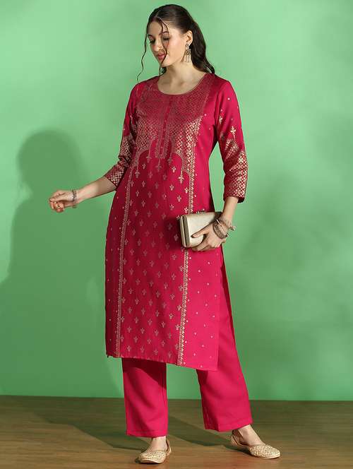 globus women pink round neck floral ethnic foil print straight festive kurta & pant set - 22069707 -  Standard Image - 0