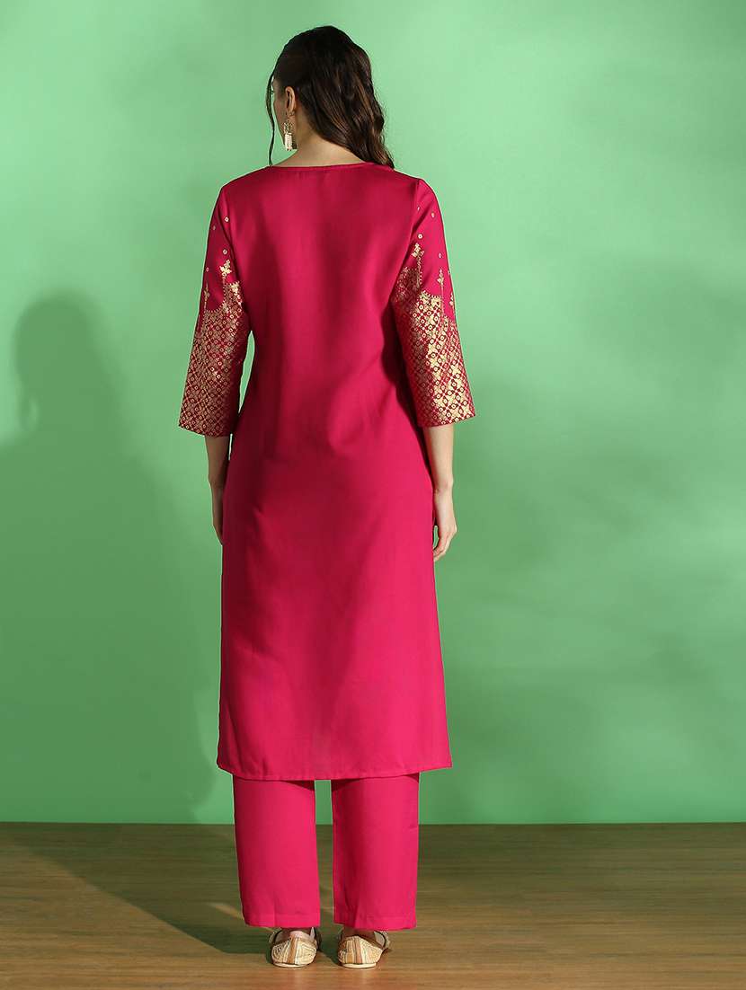 globus women pink round neck floral ethnic foil print straight festive kurta & pant set - 22069707 -  Standard Image - 3