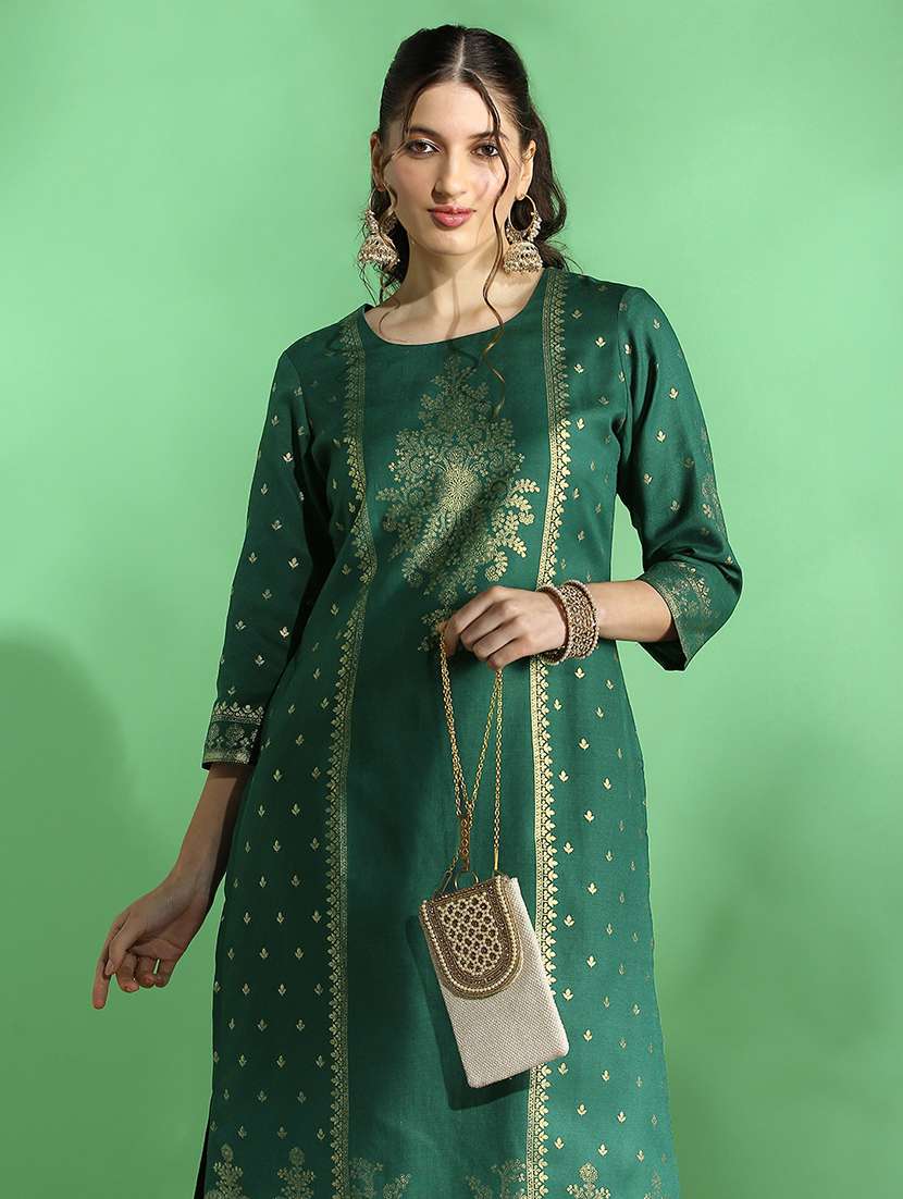 globus women green round neck ethnic foil print straight festive kurta & pant set - 22069708 -  Standard Image - 3