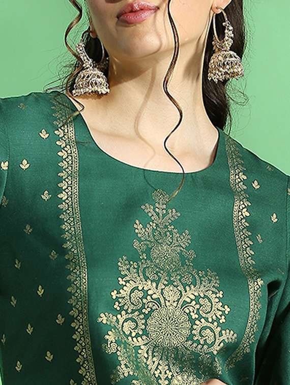 globus women green round neck ethnic foil print straight festive kurta & pant set - 22069708 -  Standard Image - 5