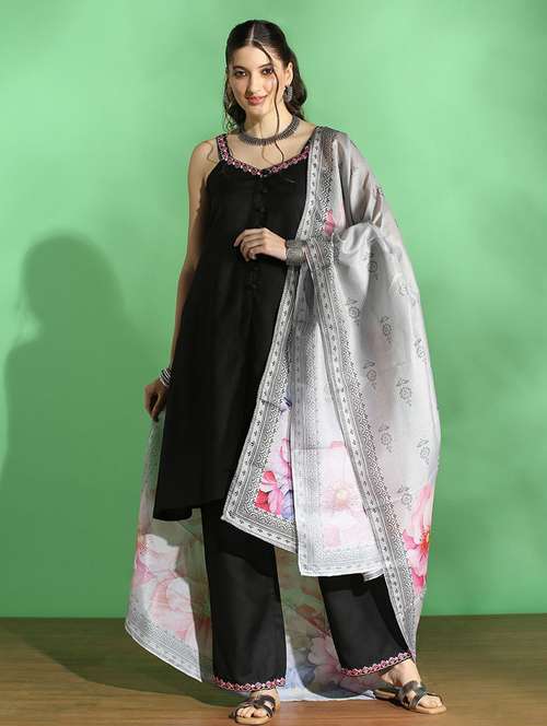 globus women black embroidered v-neck strappy sleeves front slit kurta with pant & floral printed dupatta set - 22069709 -  Standard Image - 0
