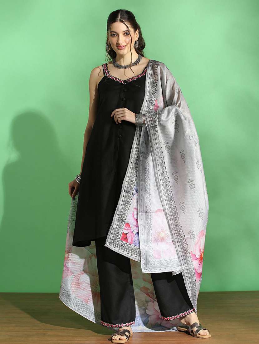 globus women black embroidered v-neck strappy sleeves front slit kurta with pant & floral printed dupatta set
