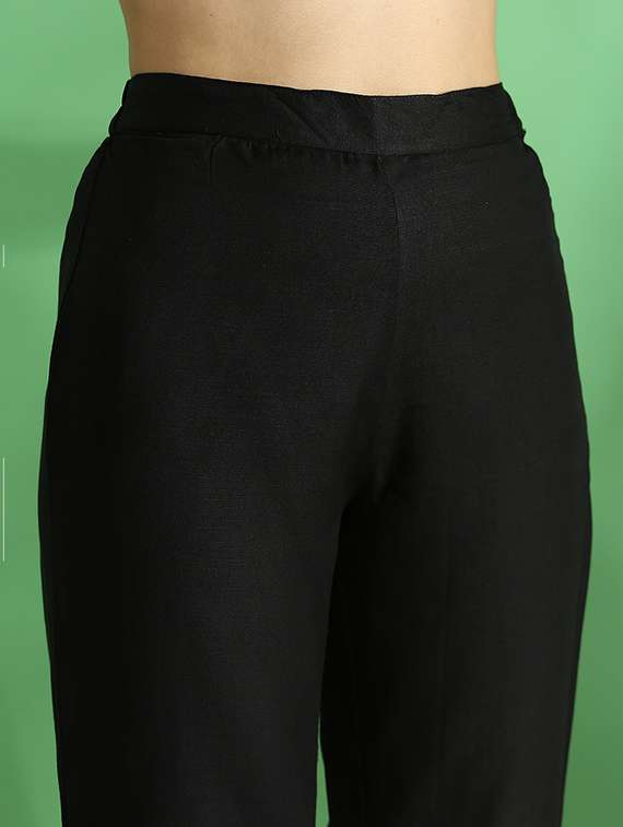 globus women black embroidered v-neck strappy sleeves front slit kurta with pant & floral printed dupatta set - 22069709 -  Standard Image - 5