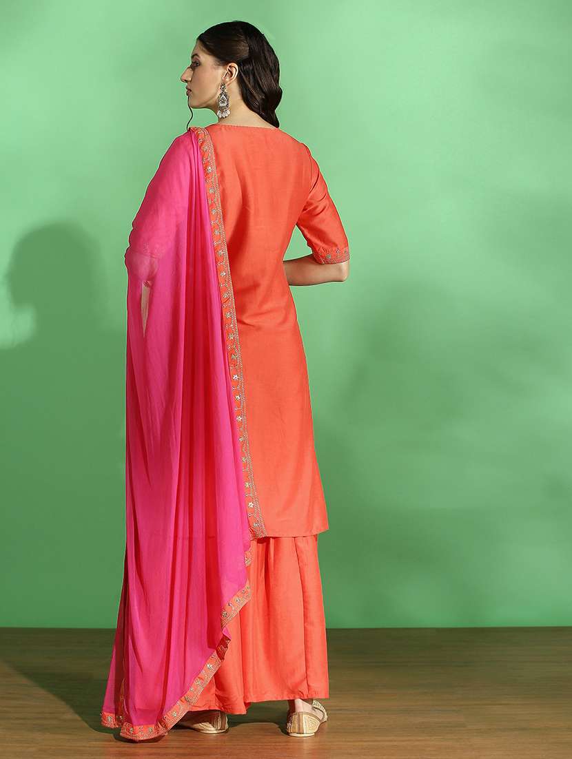 globus women orange embroidered yoke zari work straight kurta with sharara & contrast dupatta festive set - 22069710 -  Standard Image - 3
