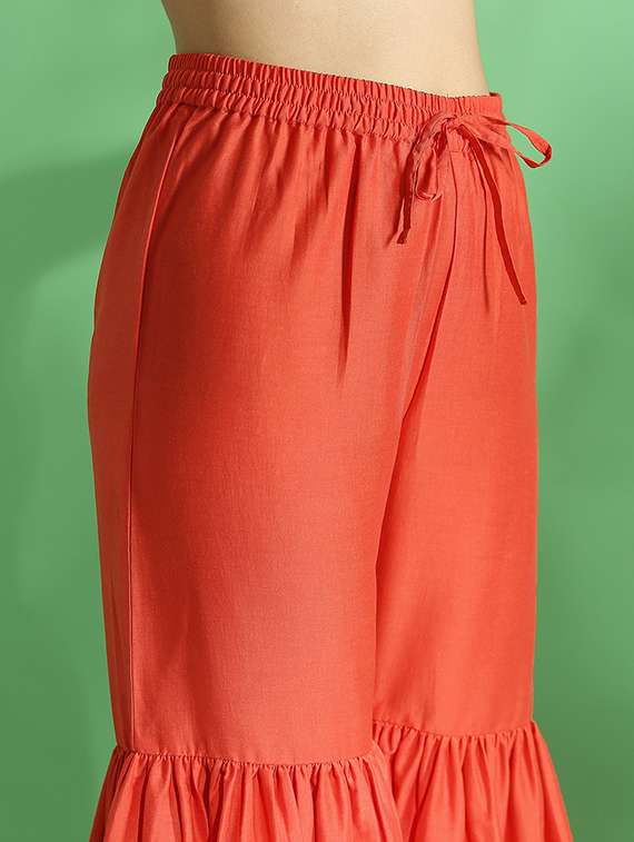 globus women orange embroidered yoke zari work straight kurta with sharara & contrast dupatta festive set - 22069710 -  Standard Image - 5