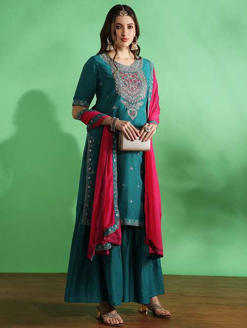 globus women blue embroidered yoke zari work straight kurta with sharara & contrast dupatta festive set - 22069711 -  Standard Image - 0