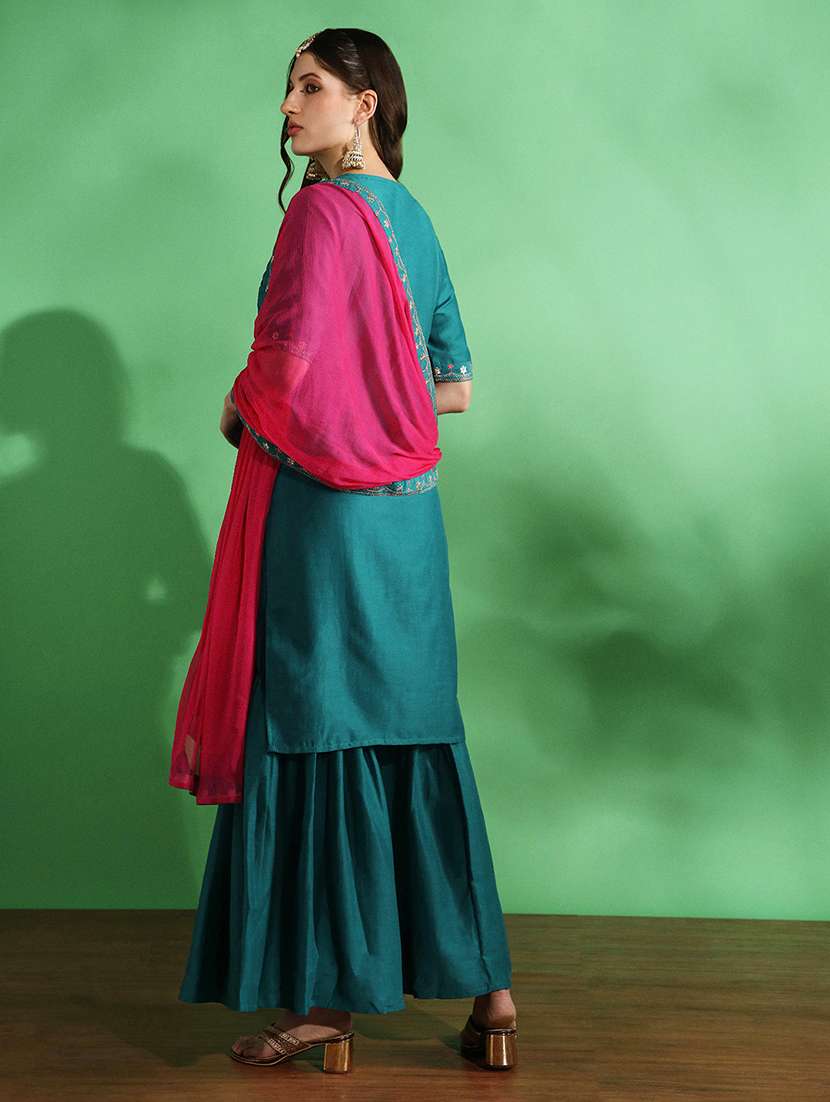 globus women blue embroidered yoke zari work straight kurta with sharara & contrast dupatta festive set - 22069711 -  Standard Image - 3