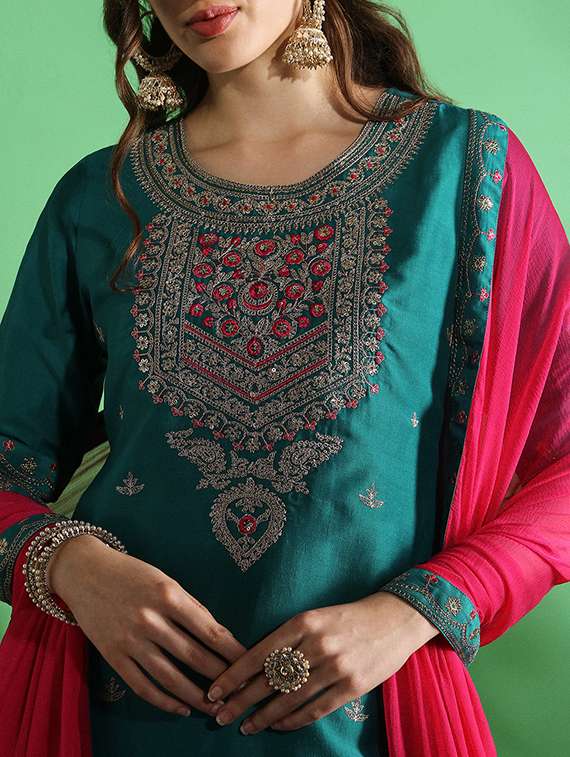 globus women blue embroidered yoke zari work straight kurta with sharara & contrast dupatta festive set - 22069711 -  Standard Image - 5