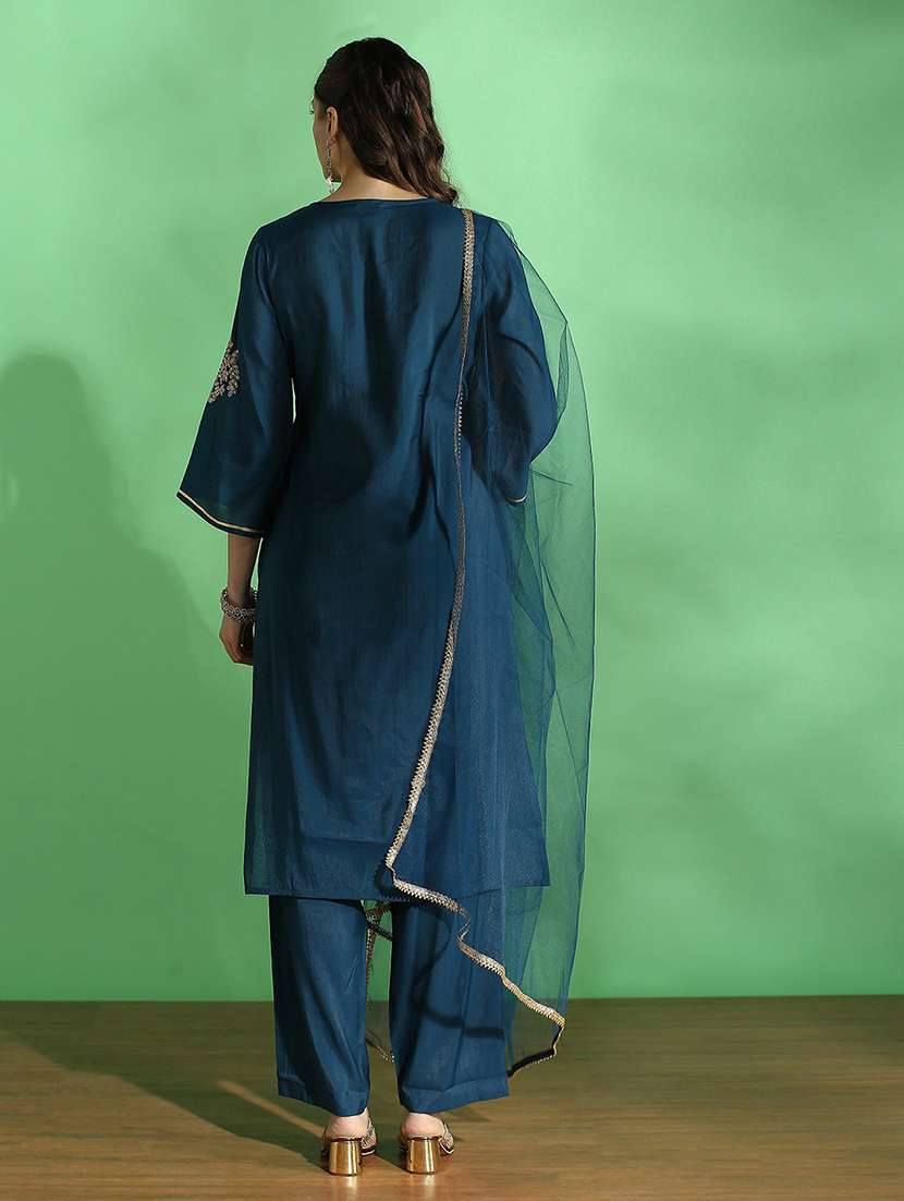 globus women teal embroidered yoke zari work bell sleeves straight kurta with pant & dupatta festive set - 22069712 -  Standard Image - 3