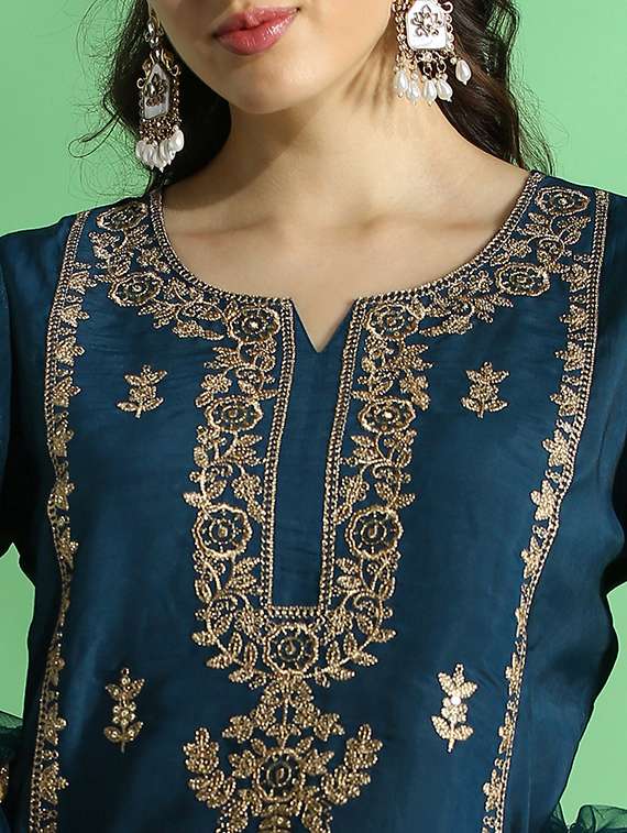 globus women teal embroidered yoke zari work bell sleeves straight kurta with pant & dupatta festive set - 22069712 -  Standard Image - 5