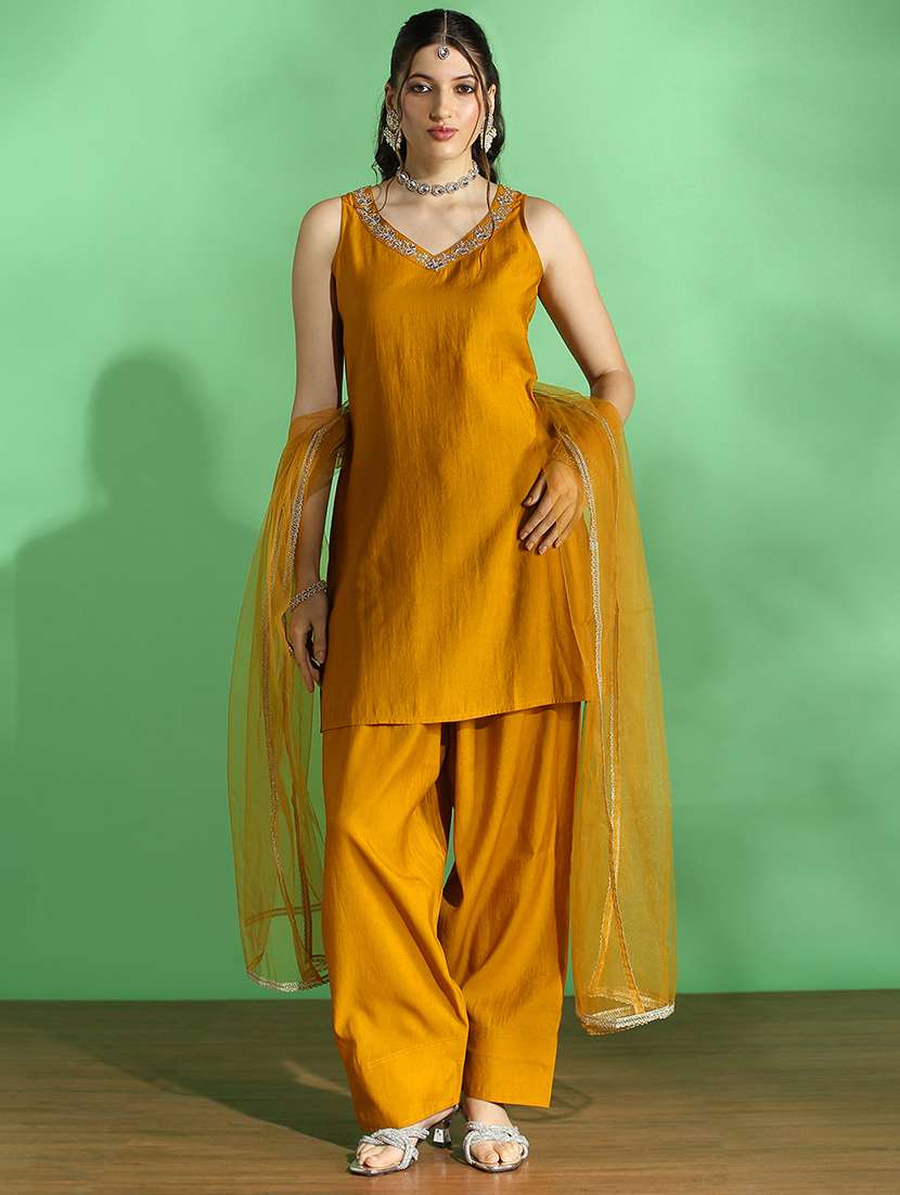 globus women mustard embroidered v-neck kurta with wide leg pant & dupatta set - 22069713 -  Zoom Image - 0