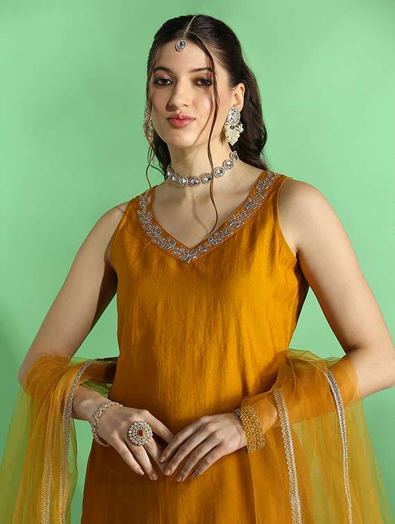 globus women mustard embroidered v-neck kurta with wide leg pant & dupatta set - 22069713 -  Standard Image - 3