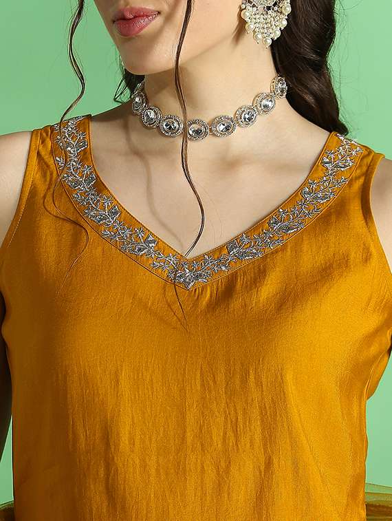 globus women mustard embroidered v-neck kurta with wide leg pant & dupatta set - 22069713 -  Standard Image - 5