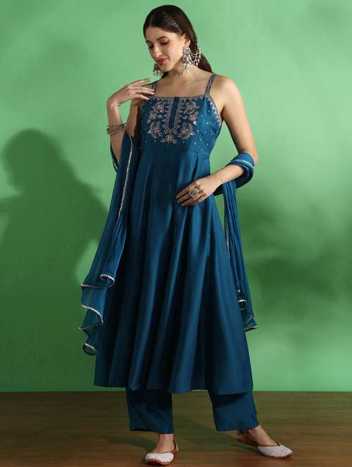 globus women blue sequin embroidered yoke square neck strappy sleeves anarkali kurta with pant & dupatta set - 22069714 -  Standard Image - 0