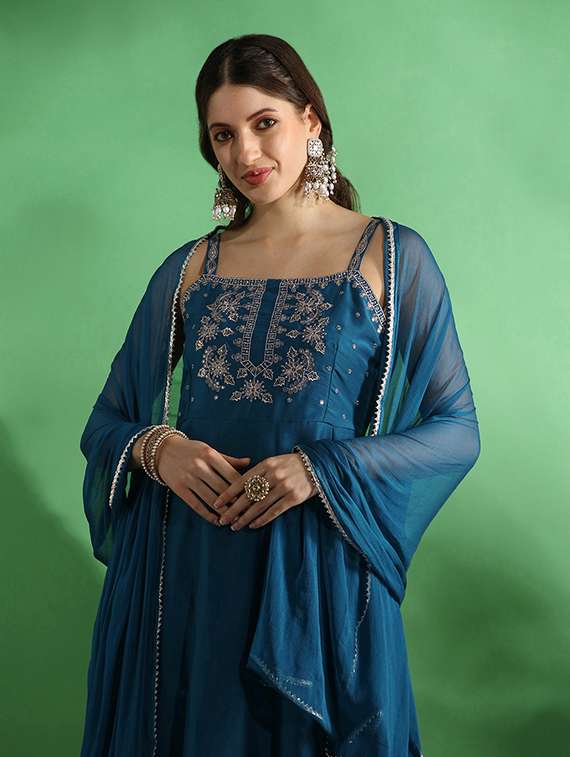 globus women blue sequin embroidered yoke square neck strappy sleeves anarkali kurta with pant & dupatta set - 22069714 -  Standard Image - 3