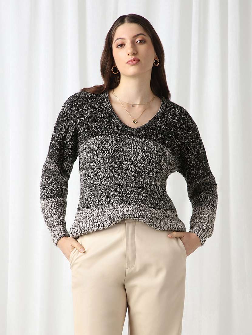 globus women black ombre self design v-neck acrylic pullover sweater - 22069715 - Zoom Image - 0