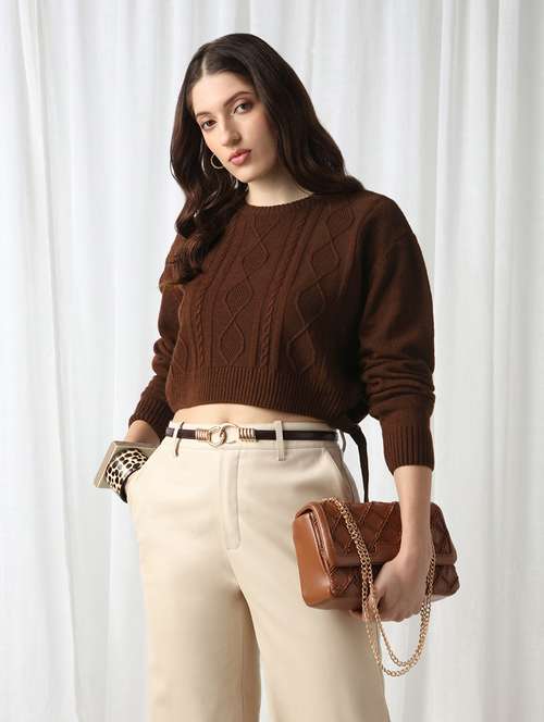 globus women brown cable knitting round neck long sleeve acrylic pullover crop sweater - 22069717 - Standard Image - 0