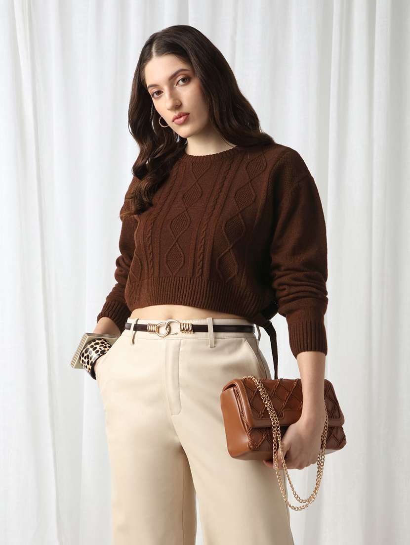 globus women brown cable knitting round neck long sleeve acrylic pullover crop sweater - 22069717 - Zoom Image - 0