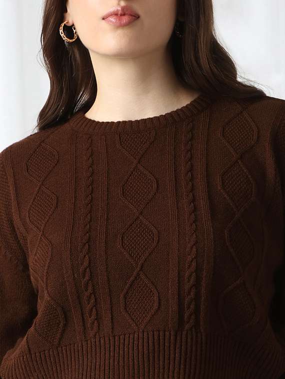 globus women brown cable knitting round neck long sleeve acrylic pullover crop sweater - 22069717 - Standard Image - 3