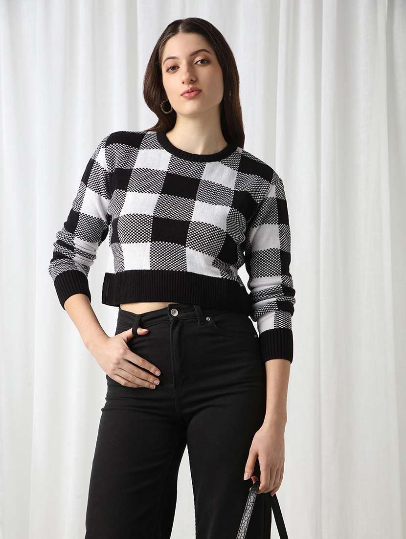 globus women black checkered round neck long sleeves acrylic pullover crop sweater  - 22069718 -  Zoom Image - 0