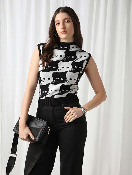 globus women black animal self design high neck extended sleeves acrylic sweater vest - 22069719 - Standard Image - 0