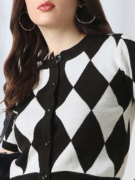 globus women black geometric self design henley neck cardigan sweater - 22069721 -  Standard Image - 3