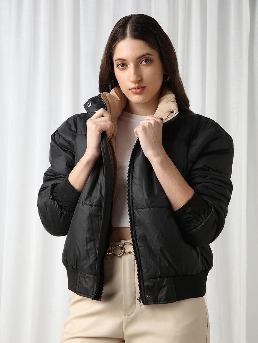 women black solid stand collar long sleeve puffer jacket - 22069722 -  Zoom Image - 0